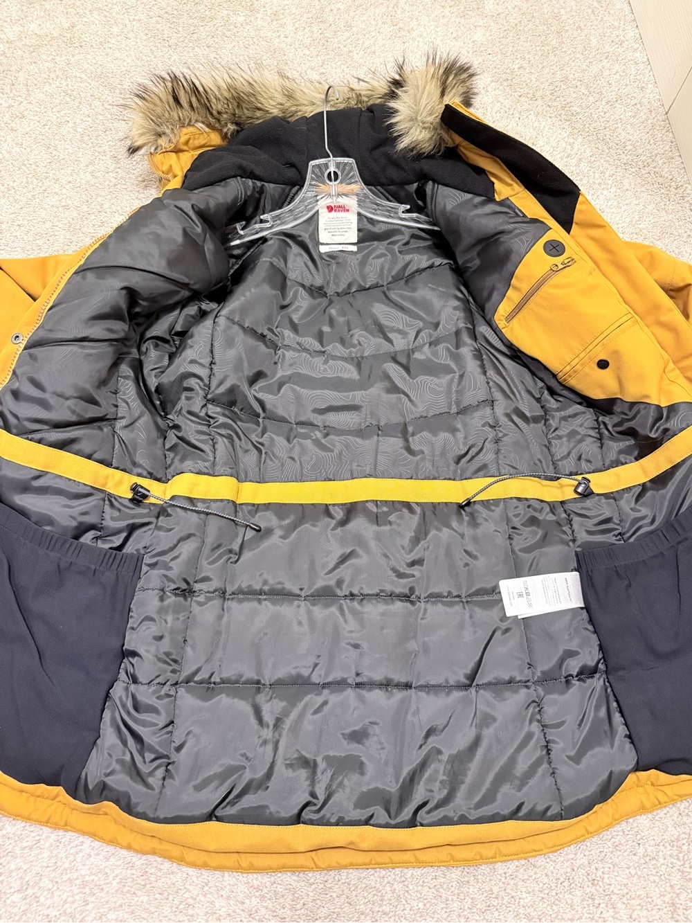 Fjallraven Women’s Nuuk Insulated Parka in Mustard Yellow with Faux-Fur Hood - Picture 10 of 10